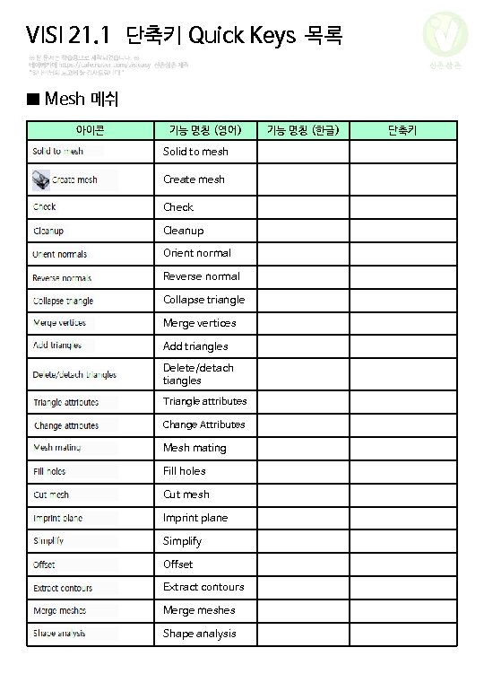 VISI 21. 1 단축키 Quick Keys 목록 신촌삼촌 ■ Mesh 메쉬 아이콘 기능 명칭