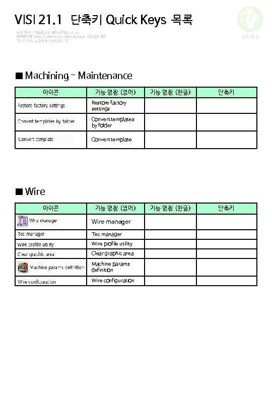 VISI 21. 1 단축키 Quick Keys 목록 신촌삼촌 ■ Machining - Maintenance 아이콘 기능