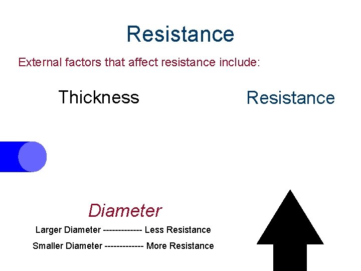 Resistance External factors that affect resistance include: Thickness Diameter Larger Diameter ------- Less Resistance