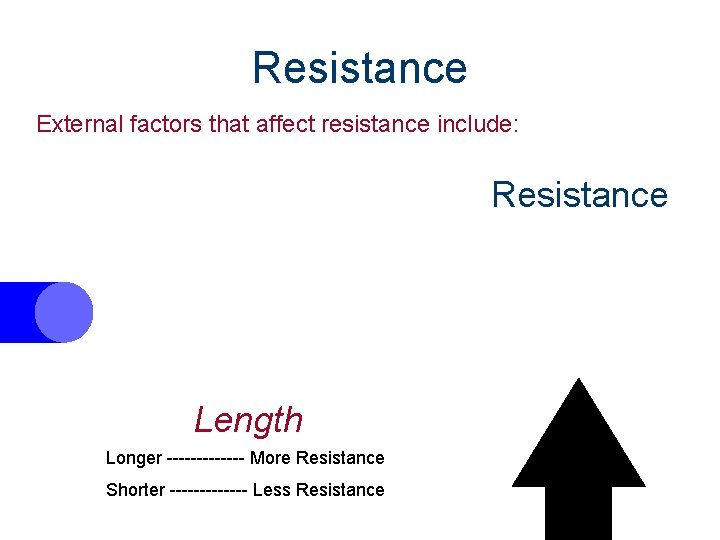 Resistance External factors that affect resistance include: Resistance Length Longer ------- More Resistance Shorter