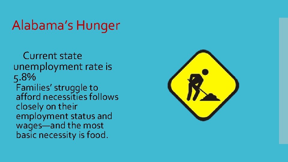 Alabama’s Hunger Current state unemployment rate is 5. 8% Families’ struggle to afford necessities Alabama’s Hunger Current state unemployment rate is 5. 8% Families’ struggle to afford necessities