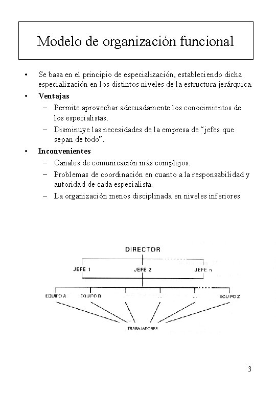 Modelo de organización funcional • • • Se basa en el principio de especialización,