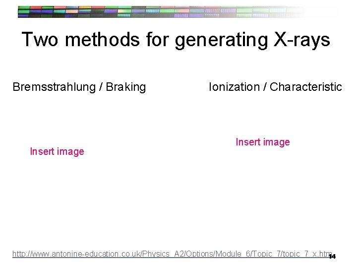 Two methods for generating X-rays Bremsstrahlung / Braking Insert image Ionization / Characteristic Insert