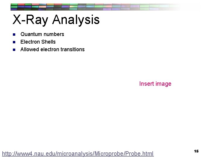 X-Ray Analysis n n n Quantum numbers Electron Shells Allowed electron transitions Insert image