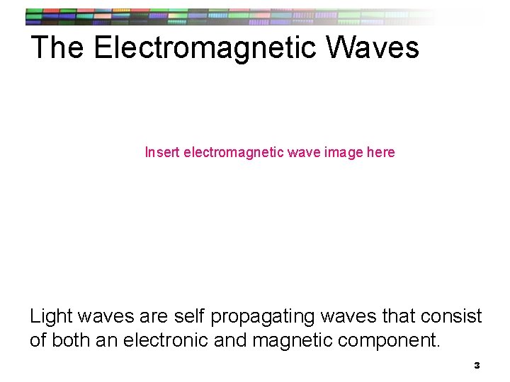 The Electromagnetic Waves Insert electromagnetic wave image here Light waves are self propagating waves