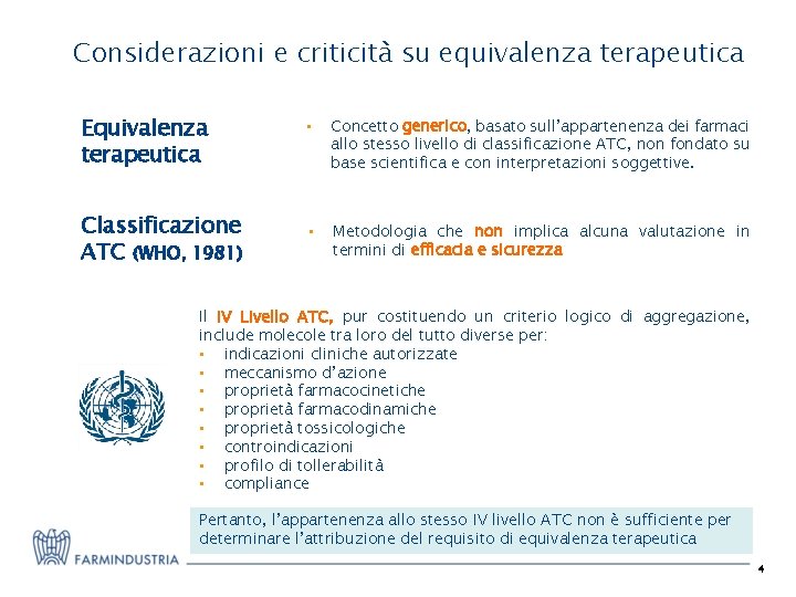 Considerazioni e criticità su equivalenza terapeutica Equivalenza terapeutica Classificazione ATC (WHO, 1981) • Concetto