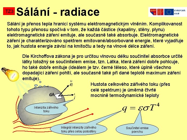 TZ 3 Sálání - radiace Sálání je přenos tepla hranicí systému elektromagnetickým vlněním. Komplikovanost