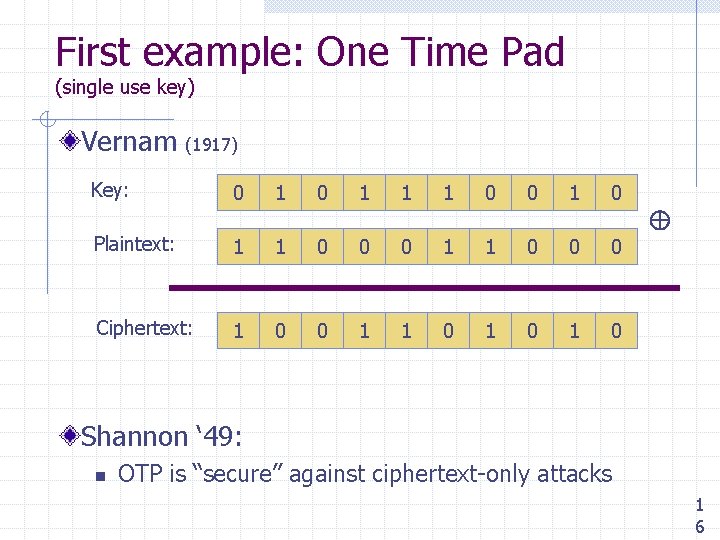 First example: One Time Pad (single use key) Vernam (1917) Key: 0 1 1