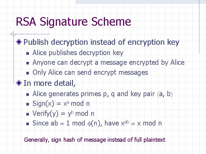 RSA Signature Scheme Publish decryption instead of encryption key n n n Alice publishes