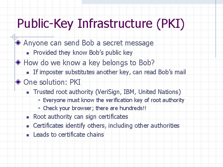 Public-Key Infrastructure (PKI) Anyone can send Bob a secret message n Provided they know