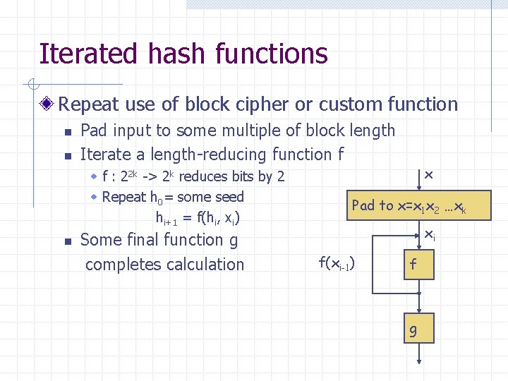 Iterated hash functions Repeat use of block cipher or custom function n n Pad