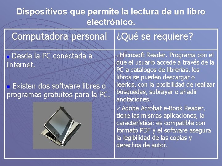 Dispositivos que permite la lectura de un libro electrónico. Computadora personal ¿Qué se requiere?