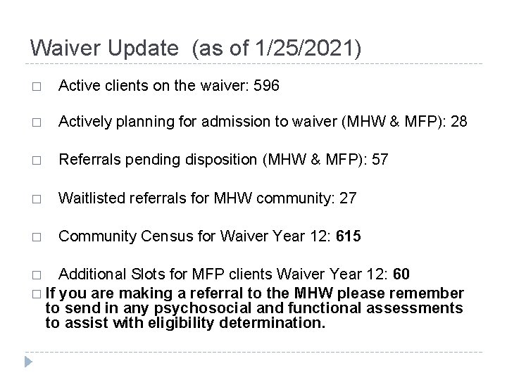 Waiver Update (as of 1/25/2021) � Active clients on the waiver: 596 � Actively