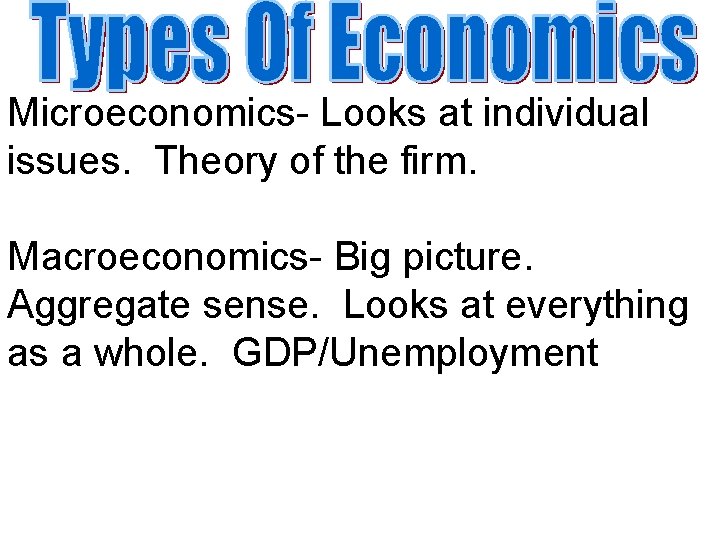 Microeconomics- Looks at individual issues. Theory of the firm. Macroeconomics- Big picture. Aggregate sense.