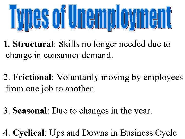 1. Structural: Skills no longer needed due to change in consumer demand. 2. Frictional: