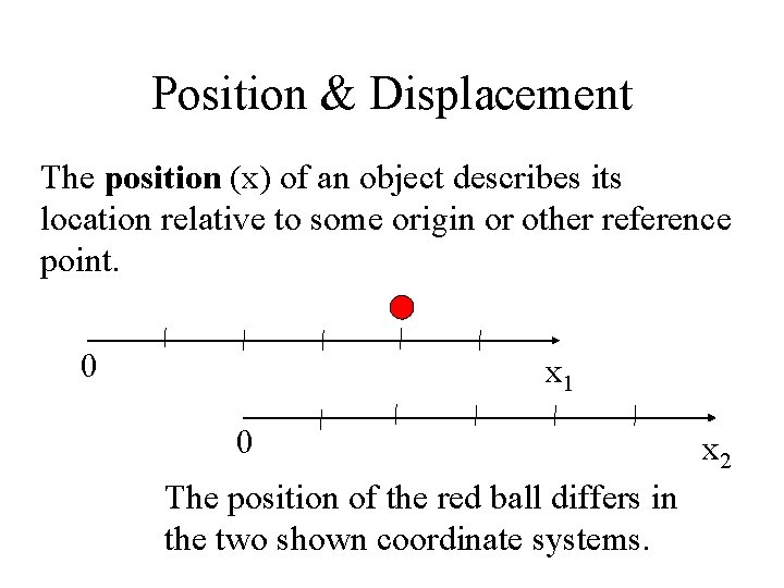 Position & Displacement The position (x) of an object describes its location relative to