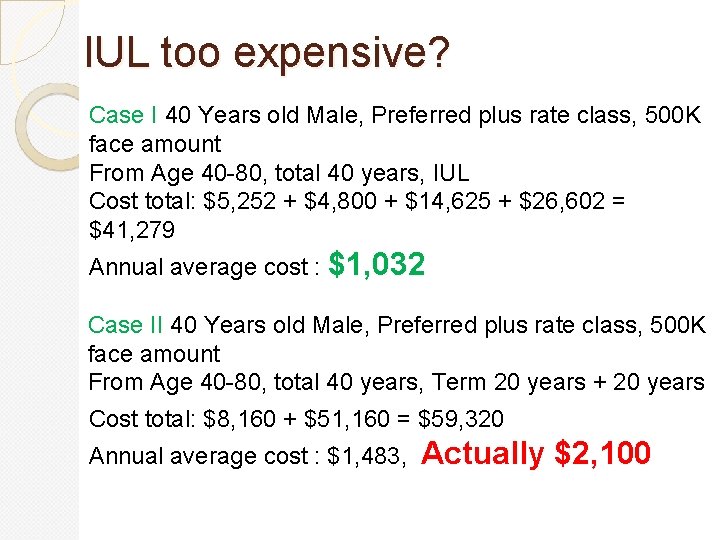 IUL too expensive? Case I 40 Years old Male, Preferred plus rate class, 500