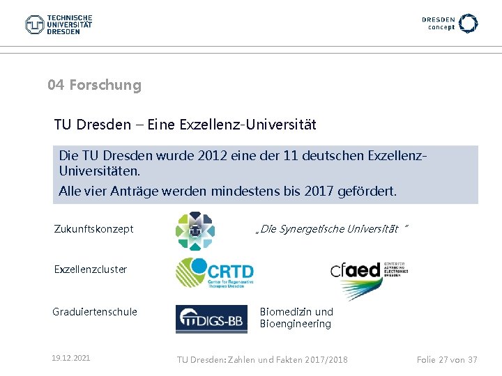 04 Forschung TU Dresden – Eine Exzellenz-Universität Die TU Dresden wurde 2012 eine der