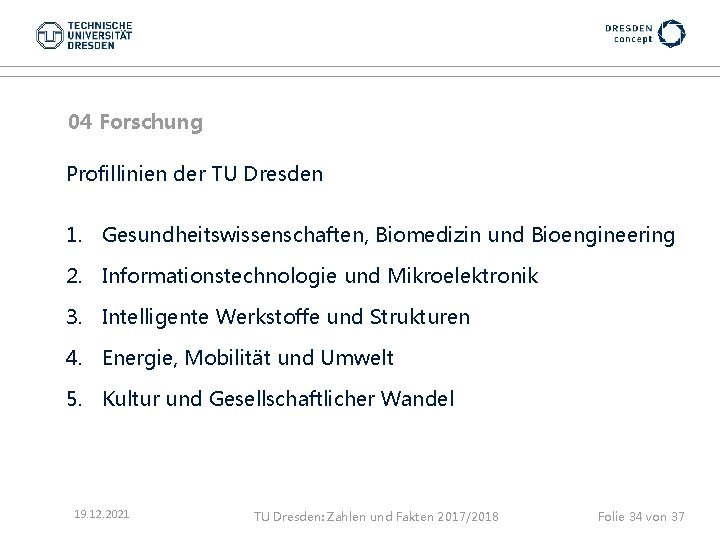 04 Forschung Profillinien der TU Dresden 1. Gesundheitswissenschaften, Biomedizin und Bioengineering 2. Informationstechnologie und