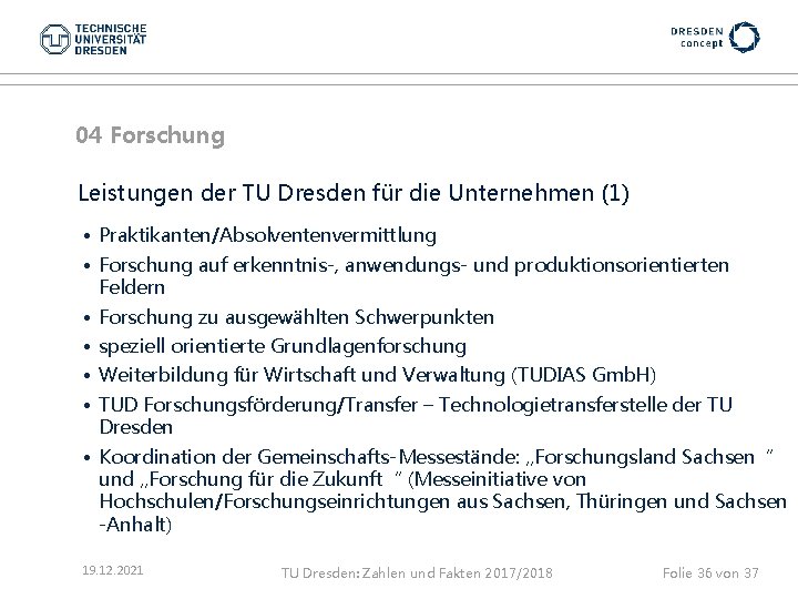 04 Forschung Leistungen der TU Dresden für die Unternehmen (1) • Praktikanten/Absolventenvermittlung • Forschung