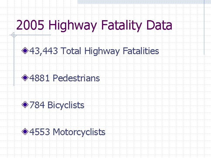 2005 Highway Fatality Data 43, 443 Total Highway Fatalities 4881 Pedestrians 784 Bicyclists 4553