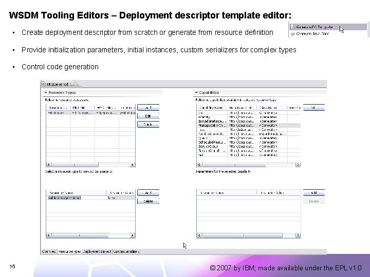 WSDM Tooling Editors – Deployment descriptor template editor: • Create deployment descriptor from scratch