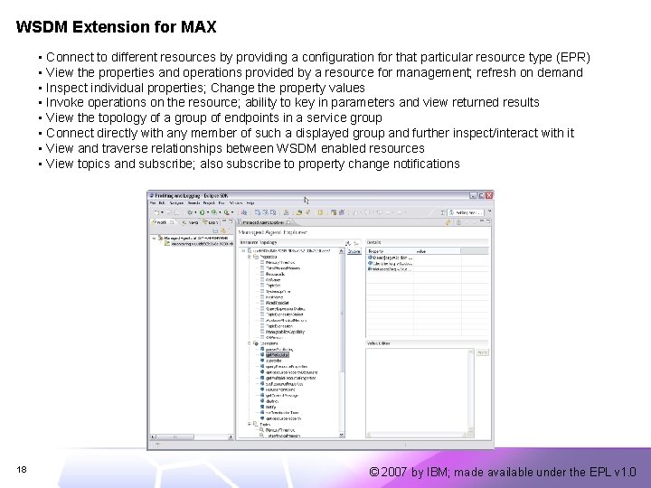 WSDM Extension for MAX • • 18 Connect to different resources by providing a