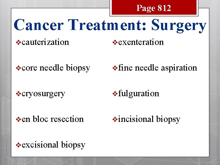 Page 812 Cancer Treatment: Surgery v cauterization v exenteration v core v fine needle