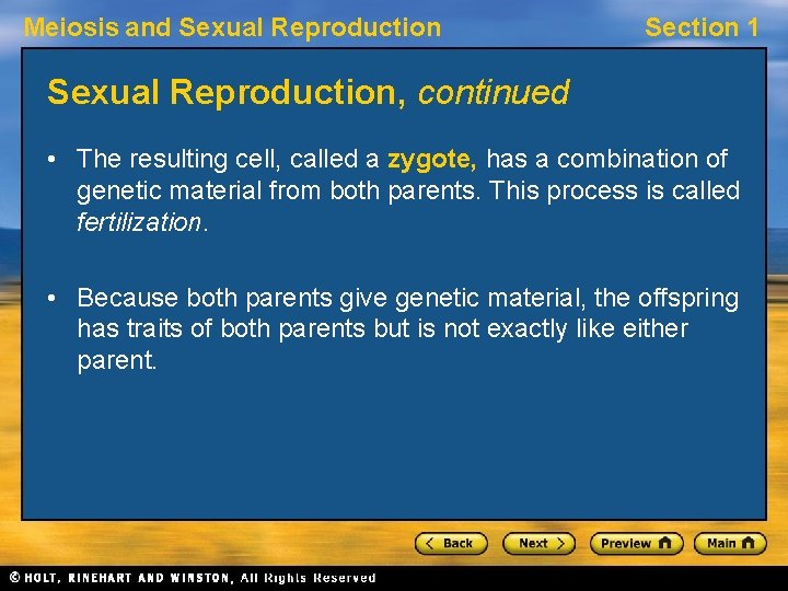 Meiosis and Sexual Reproduction Section 1 Reproduction Preview