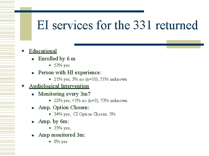 EI services for the 331 returned w Educational n Enrolled by 6 m w