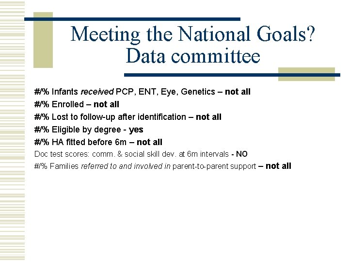 Meeting the National Goals? Data committee #/% Infants received PCP, ENT, Eye, Genetics –