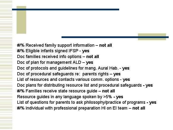 #/% Received family support information – not all #/% Eligible infants signed IFSP -