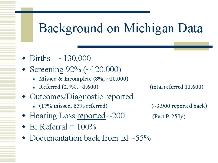 Background on Michigan Data w Births – ~130, 000 w Screening 92% (~120, 000)