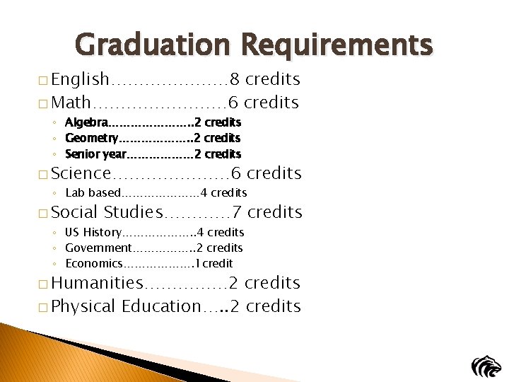 Graduation Requirements � English………………… 8 credits � Math………… 6 credits ◦ Algebra…………………. . 2