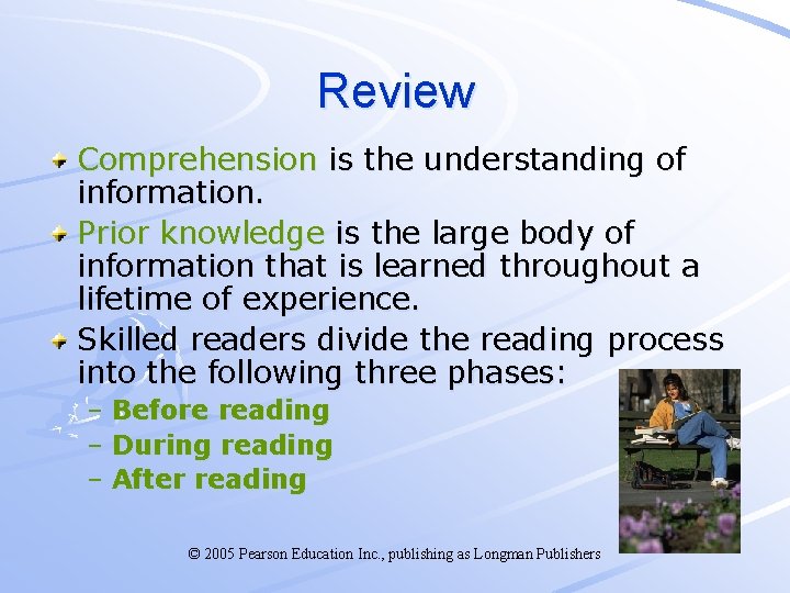 Review Comprehension is the understanding of information. Prior knowledge is the large body of