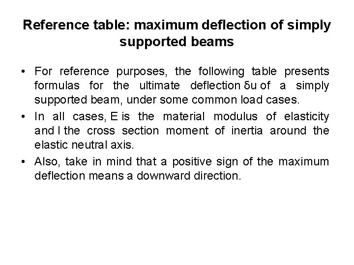 Reference table: maximum deflection of simply supported beams • For reference purposes, the following