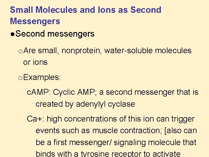 Small Molecules and Ions as Second Messengers ●Second messengers o Are small, nonprotein, water-soluble