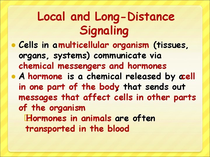 Local and Long-Distance Signaling ● Cells in a multicellular organism (tissues, organs, systems) communicate