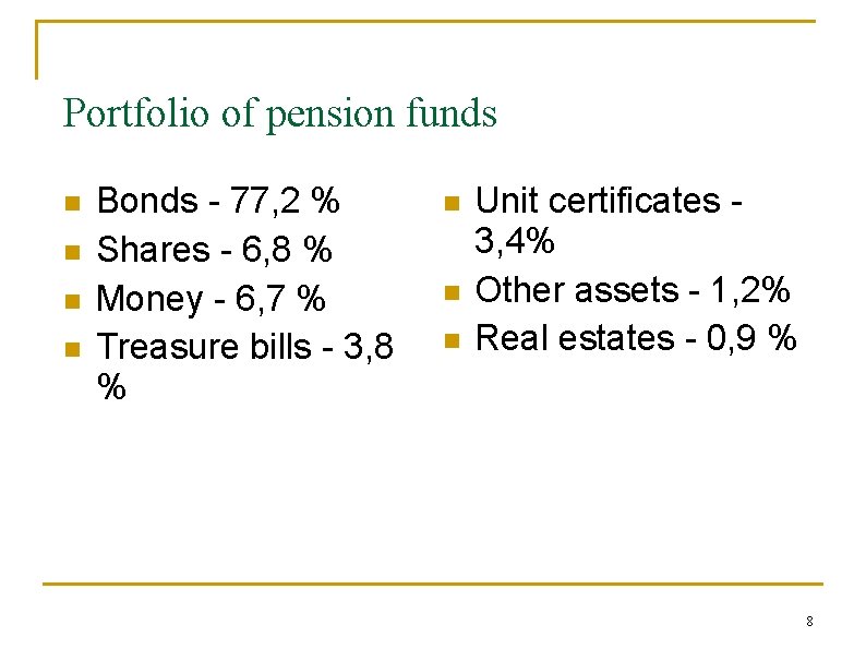 Portfolio of pension funds n n Bonds - 77, 2 % Shares - 6,