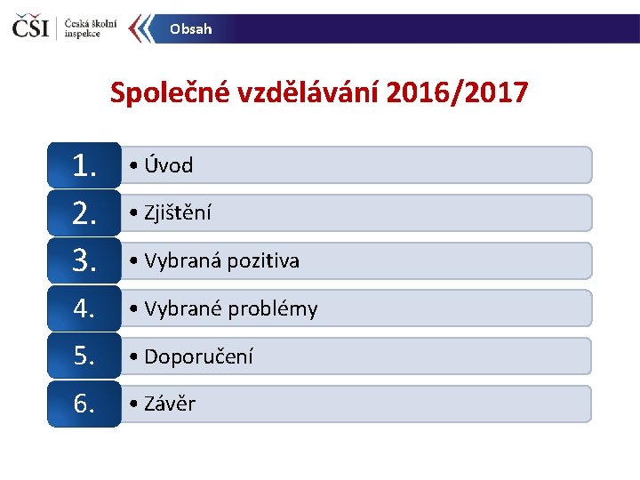 Obsah Společné vzdělávání 2016/2017 1. 2. 3. • Zjištění 4. • Vybrané problémy 5.