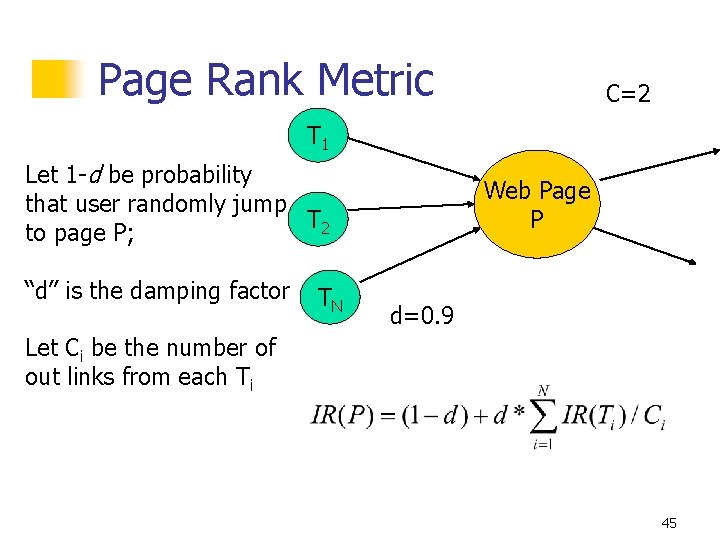 Page Rank Metric C=2 T 1 Let 1 -d be probability that user randomly