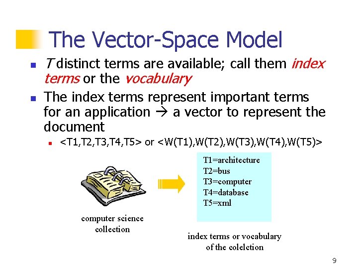 The Vector-Space Model n n T distinct terms are available; call them index terms