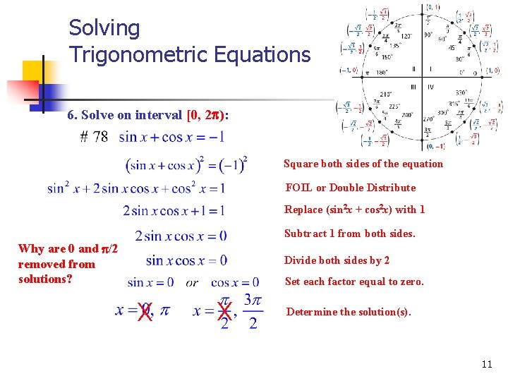 Solving Trigonometric Equations 6. Solve on interval [0, 2 ): Square both sides of