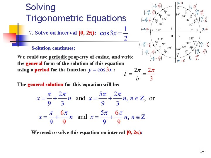 Solving Trigonometric Equations 7. Solve on interval [0, 2 ): Solution continues: We could