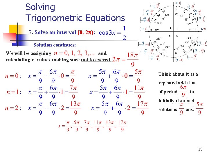 Solving Trigonometric Equations 7. Solve on interval [0, 2 ): Solution continues: We will