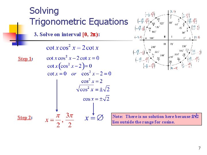 Solving Trigonometric Equations 3. Solve on interval [0, 2 ): Step 1: Step 2:
