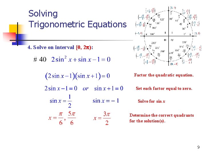 Solving Trigonometric Equations 4. Solve on interval [0, 2 ): Factor the quadratic equation.