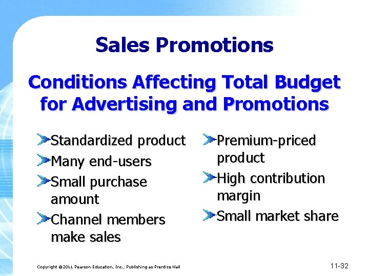 Sales Promotions Conditions Affecting Total Budget for Advertising and Promotions Standardized product Many end-users