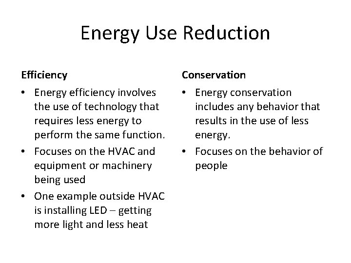 Energy Use Reduction Efficiency Conservation • Energy efficiency involves the use of technology that