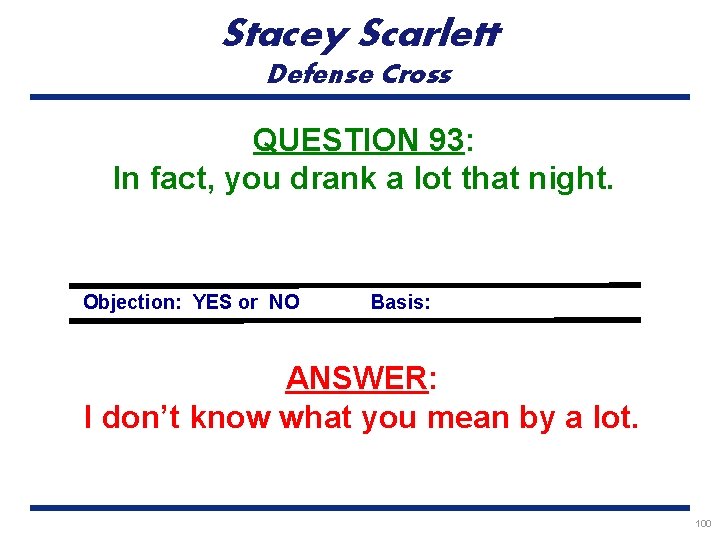 Stacey Scarlett Defense Cross QUESTION 93: In fact, you drank a lot that night.